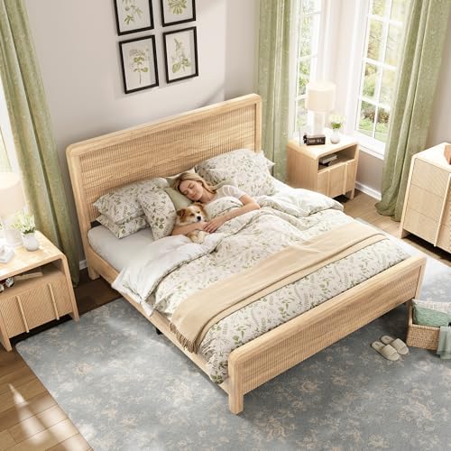 AMERLIFE Queen Wood Bed Frame with Fluted Headboard & Footboard, Oak