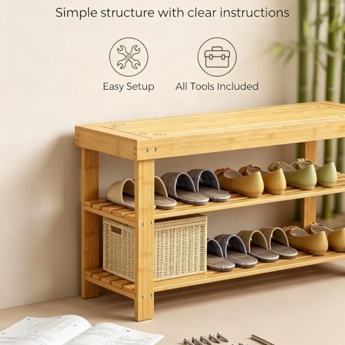 Bamboo Shoe Rack Bench 3-Tier Shoe Storage Organizer Entryway Bench for Entryway Bathroom Bedroom，Natural
