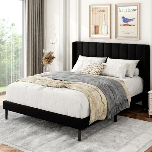Gruwans Full Size Bed Frame with Upholstered Wingback Headboard, Easy Assemnly Platform Bed, Wooden Slat Support No Box Spring Needed, Black