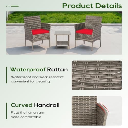 FDW 3-Piece Patio Furniture Set | Gray & Red | Outdoor Wicker Furniture