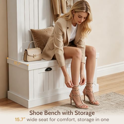 Hall Tree with Bench and Shoe Storage, Farmhouse Entryway Coat Rack with Arched Top Shelf, 5 Hooks, Flip-Down Shoe Cabinet, Beadboard Paneling, Anti-Tip Device, White, 32.7" x 15.8" x 76.8"