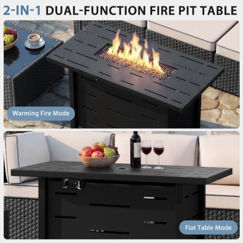 Shintenchi 8 Piece Outdoor Patio Furniture Set with 43 Inch Propane Fire Pit, Washable Cushions, Glass Coffee Table, Waterproof Cover & CSA Certified for Backyard Poolside, Black PE Rattan/Khaki