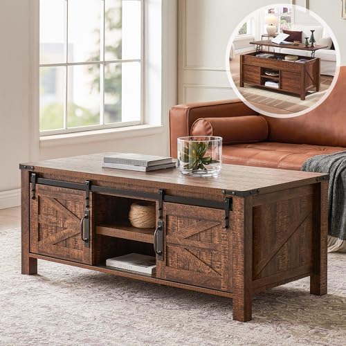 OKD 48" Farmhouse Lift Top Coffee Table Sliding Barn Door ReclaimedBarnwood