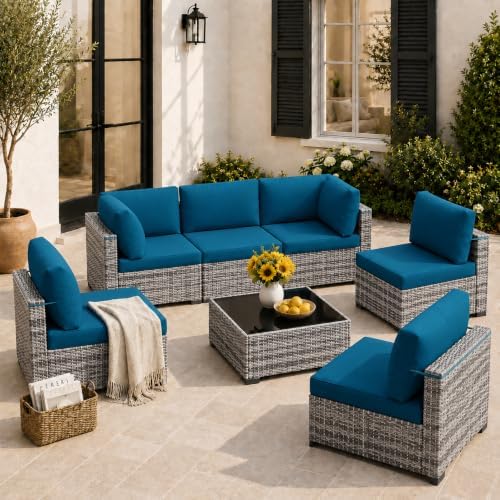 LOUVIXA 7 Piece Outdoor Patio Furniture Set, Outdoor Sectional Sofa, Wicker Rattan Patio Furniture, Patio Conversation Set with Coffee Table & Cushions