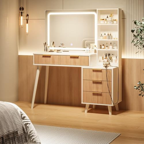 Makeup Vanity Desk with Mirror and Lights, Makeup Desk with 3 Shelves& 5 Drawers, Vanity Table with Power Outlet, 3 Color Adjustable Lighting Dressing Table Set for Bedroom