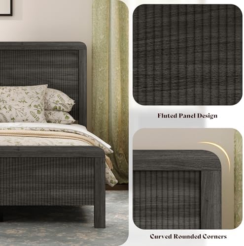 AMERLIFE Queen Wood Bed Frame with Fluted Headboard & Footboard, Black