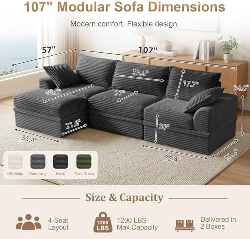 Upgraded Boneless Couch with Storage, Sectional Couches for Living Room, L-Shaped Modular Cloud Corduroy Sofa with Ottoman & Pillows, Oversized Deep Seat Memory Foam Couch, No Assembly(Gray, 107" L)