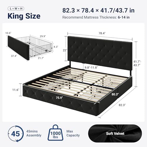 Allewie King Size Storage Bed Frame with 4 Underbed Drawers, Upholstered Platform Bed with Adjustable Headboard, Diamond Button Tufted, Easy Assembly, Noise-Free, No Box Spring Needed, Soft Black