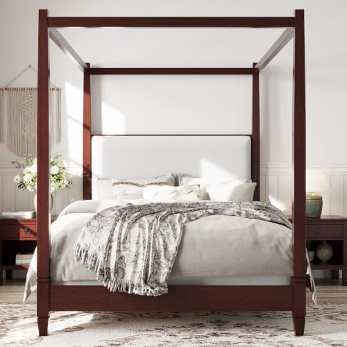 Queen Size Wood Canopy Bed Frame, Walnut Vintage Four-Posters Platform Bed Frames with Headboard, 10-Slat Support Wooden Post Beds, 6" Under Bed Storage, Easy Assembly (Espresso, Queen, 75.6"H)