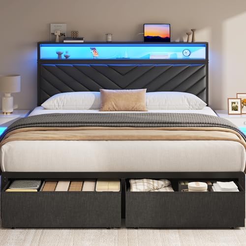 Fluest Queen Bed Frame with 2 Drawers, Upholstered Headboard with Storage and Charging Station, LED Lights, Fabric Drawers with Wheels, Under Bed Storage, No Box Spring Needed, Easy Assembly, Black