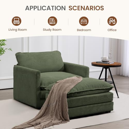 ROWHY 41'' Single Armchair with Ottoman, Modern Corduroy Cloud Couch with Convertible Chaise, Upholstered Sofa Set for Living Room, Green