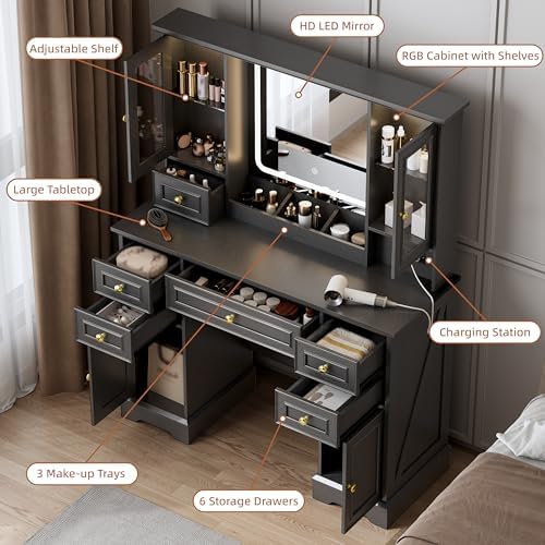 Vanity Desk with Mirror & Lights, Makeup Vanity with Power Outlet & USB Ports, Farmhouse Dressing Table, 6 Drawers & 4 Storage Cabinets, RGB Cabinet Lighting, 3-Color Dimmable Mirror