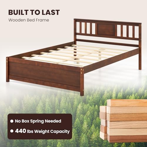 GIANTEX Full Size Solid Wood Platform Bed Frame, Mid Century Full Bed Frame with Headboard, Wood Slat Support, Double Panel Bed, No Box Spring Needed, Easy Assembly, Walnut
