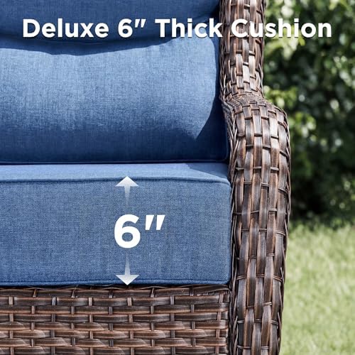 Luxury 5 Piece Patio Furniture Set-All Weather Outdoor Swivel Rocker Chairs with 6" Thick Cushions Multifunctional Ottoman Rattan Patio Conversation Sets for Porch Deck Garden Backyard(Brown/Blue)