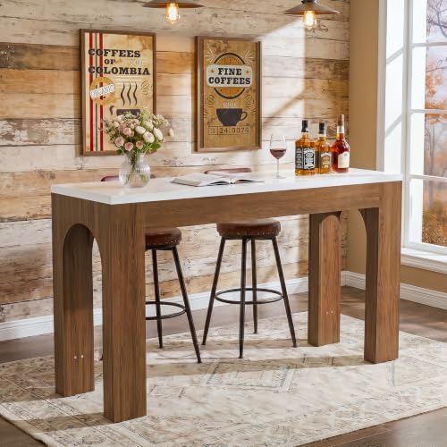 Tribesigns 63-Inch Bar Table, Long Counter Height Pub Table with Arched Leg, Farmhouse Rectangular Home Bar Coffee Unit for Dining Room, Bistro, Restaurant, White & Brown