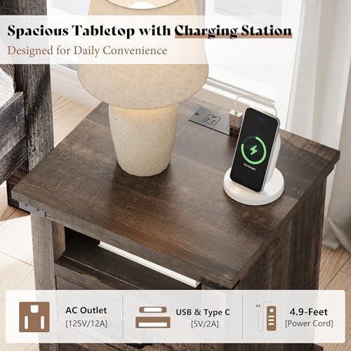 AMERLIFE 5 Pieces Farmhouse Bedroom Set, Includes Rustic Full Bed Frame with 54" Tall Headboard, 6 Drawer Dresser, 5 Drawer Tall Chest, Nightstands Set of 2 with Charging Station, Black Oak