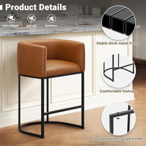 26" H Counter Height Bar Stools Set of 2, Modern Barrel Counter Stools with Backrest and Arms, Faux Leather Upholstered Accent Barstools for Kitchen Island,Support 450 LBS (Walnut Brown)