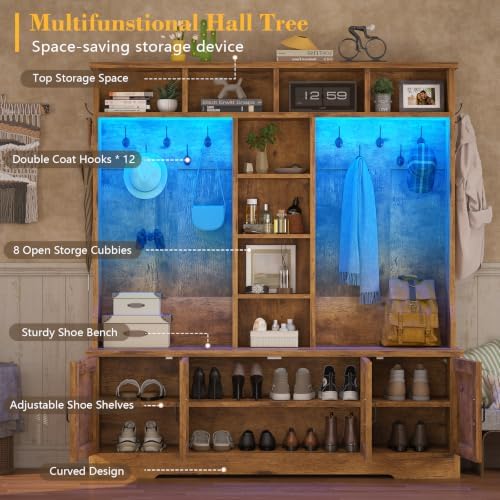 CSZZD Large Hall Tree with Bench and Shoe Storage, Coat Rack with LED Light