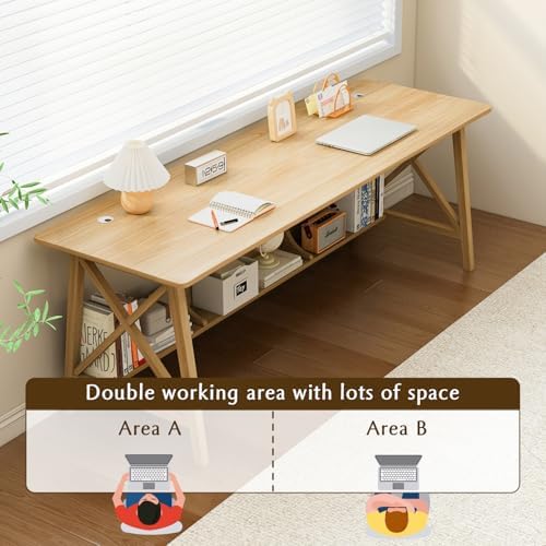 NELYE Extra Long Writing Desk with Bookshelf, 71" Wx20 Dx30 H, Oak