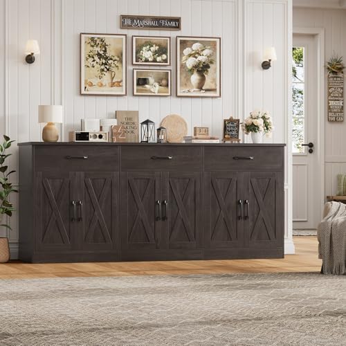 HOSTACK 71"W Farmhouse Kitchen Sideboard Buffet Cabinet with Storage, Brown