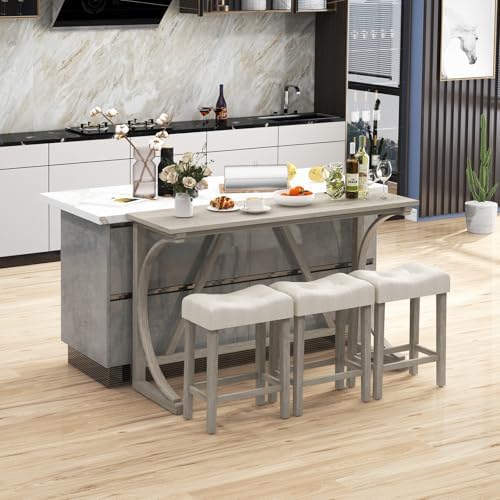 COSTWAY 4-Piece Farmhouse Bar Table Set with Power Outlet
