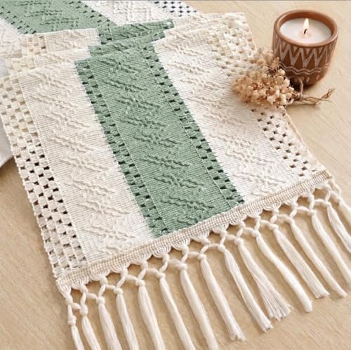 FEXIA Boho Table Runner with Tassels for Home Decor 12x72 Inches Green
