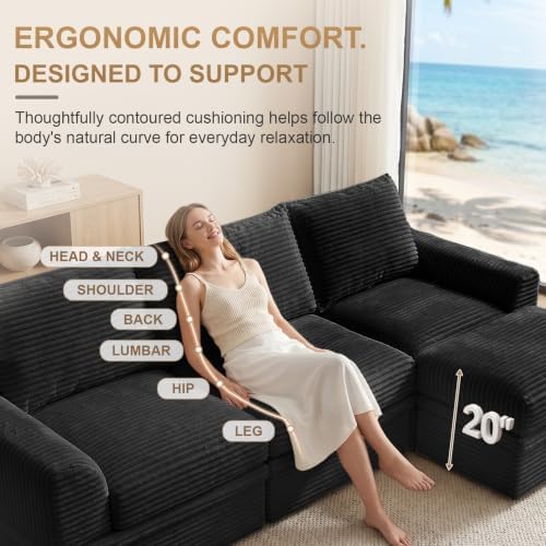 142" Upgraded Boneless Couch with Storage, Modular Sectional Couches for Living Room, Oversized Deep Seat 6-Seat U Shaped Cloud Sofa with Ottoman & Pillows,Corduroy,No Assembly (Black)