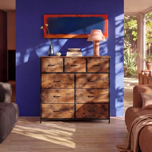 WLIVE Tall Dresser for Bedroom, 9 Drawer Chest of Drawers, Rustic Brown