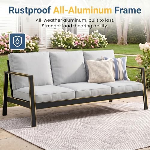 Wisteria Lane Aluminum Outdoor Patio Sofa, High Backrest Metal 3-Seat Outdoor Couch with 5 inch Thick Cushions, Patio Furniture for Deck Porch Garden Poolside, Grey