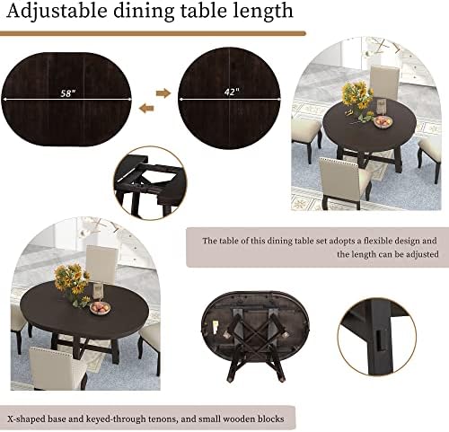 LUMISOL Round Dining Table Set for 4, Farmhouse Kitchen Table Set with Round Extendable Dining Table and 4 Upholstered Dining Chairs, Espresso