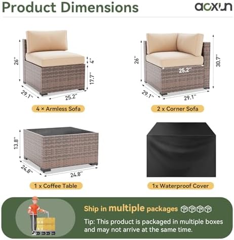 Aoxun 7 Piece Patio Furniture Set, Wicker Patio Sectional Sofa, Outdoor Furniture Set with Thickened Cushion, Brown