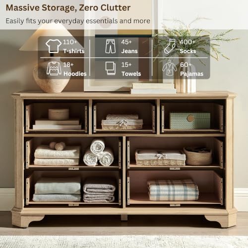 T4TREAM Farmhouse 7 Drawers Dresser for Bedroom, 54" Wide Wood Rustic Chest of Drawers with Natural Texture, Vintage Design, Storage Dressers Organizer for Bedroom, Living Room, Hallway, Natural Oak
