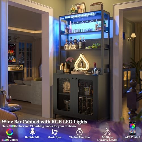 Aheaplus Bar Cabinet with Power Outlets, 67" Tall Wine Bar Cabinet, Black