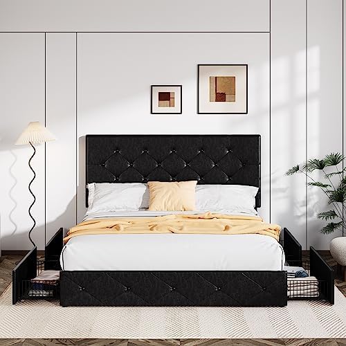 Allewie Full Size Storage Bed Frame with 4 Underbed Drawers, Upholstered Platform Bed with Adjustable Headboard, Diamond Button Tufted, Easy Assembly, Noise-Free, No Box Spring Needed, Black