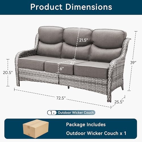 Luxury Outdoor Patio Furniture Set-Wicker High Backrest 3-Seat Patio Sofa with Comfy 6" Cushion, Rattan Couch with Deep Seat All-Weather Patio Conversation Set for Deck Backyard Garden(Grey/Grey)