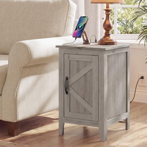 VASAGLE Side Table with Charging Station and Storage Cabinet, Nightstand