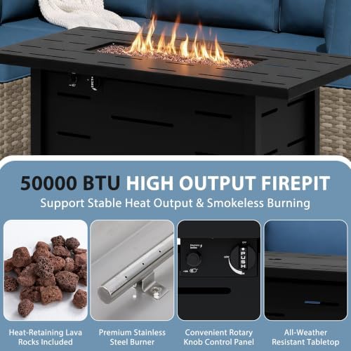 Shintenchi 8 Piece Outdoor Patio Furniture Set with 43 Inch Propane Fire Pit, Washable Cushions, Glass Coffee Table, Waterproof Cover & CSA Certified for Backyard Poolside, Natural PE Rattan/Navy Blue