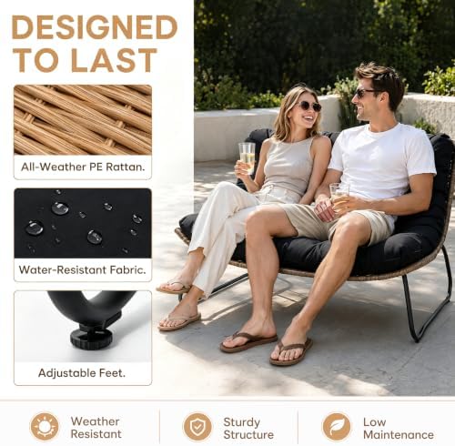Outdoor Loveseat 2-Seat Wicker Rattan Boho Patio Sofa Black 2PC