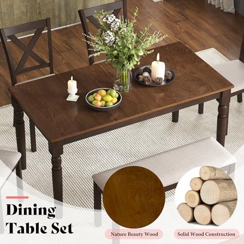 AMERLIFE 6 Piece Farmhouse Dining Set with 60" Solid Wood Table, Brown