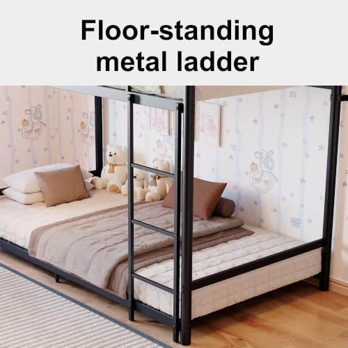 Bellemave Twin Over Twin Bunk Beds, Metal Floor Bunk Bed Frame with Ladder and Full-Length Guardrail for Kids, Adults, Black