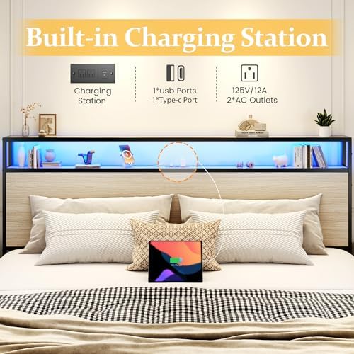 Lifezone King Bed Frame with 2-Tier Storage Headboard, Metal Platform Bed Frame with 4 Storage Drawers, Built in Charging Station & LED, Noise-Free/Metal Support/No Box Spring Needed, Beige