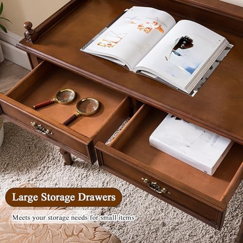 Mid Century Modern Desk with Baffle and Drawers, Vintage Solid Wood Writing Desk Stool Set for Small Space, Bedroom, Living Room, Makeup Vanity Console Table (31.5in(80cm),with Chair)