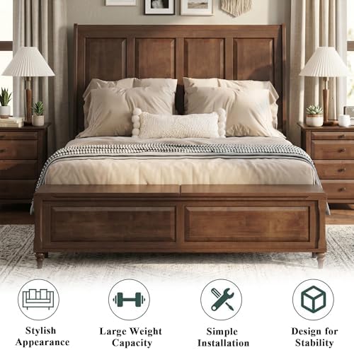 Queen Bed Frame with 53" Tall Headboard and Storage Bench, Solid Wood Queen Size Platform Bed with 64" Footboard Storage Chest,Heavy Duty Slats System,No Box Spring Needed, Wanlut