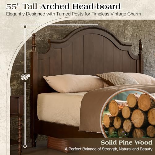 LUXOAK Queen Size Solid Wood Poster Bed, 55" Arched Headboard, Dark Walnut