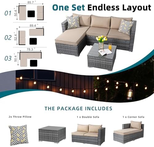 SUNLEI Patio Furniture Set with Detachable Soft Cushions, Outdoor PE Rattan Patio Conversation Sofa Set, 3-Piece Patio Sectional Sofa with Glass Coffee Table (Silver Rattan/Khaki)