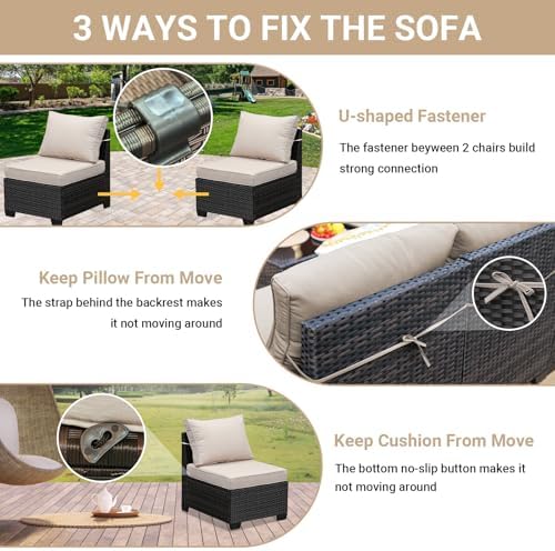 Jing's Villa 8-Piece Patio Furniture Set, All-Weather Outdoor Wicker Sectional Sofa with Cushions, Glass Table & Left and Right Armrest, Rattan Conversation Seating for Porch, Garden, Backyard,Beige