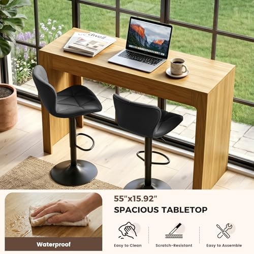 Miereirl 3-Piece Counter Height Bar Table Set, 55 Inch Oak Pub Dining Table & 2 White Swivel Adjustable Bar Stools, PU Leather Counter Chairs with Backrest for Kitchen Island Dining Room