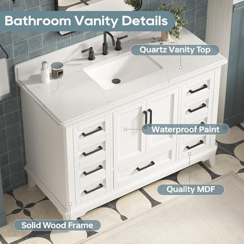 48 Inch Bathroom Vanity with Sink, Fully Assembled, White | Farmhouse Solid Wood Bathroom Sink Cabinet, 2 Soft Close Doors & 7 Dovetail Pine Drawers, Quartz Countertop, Backsplash