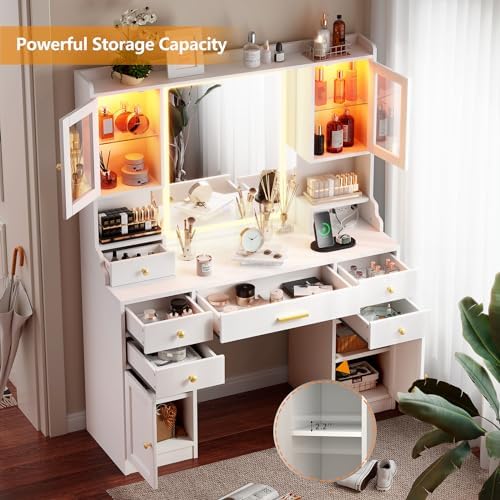 CSZZD White Makeup Vanity Desk with LED Mirror & RGB Cabinets | Vanity Table with Charging Station and 6 Storage Drawers, Adjustable 3 Mode Mirror Lights, Bedroom Dressing Table for Women