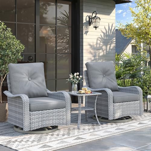 2-Seat Modern Patio Furniture Set with Swivel Rocking Chairs, Thick 4″ Cushions, Dual-Strand Wicker Rattan, Rust-Resistant Steel Frame – Outdoor Conversation & Modular Sectional,Gray